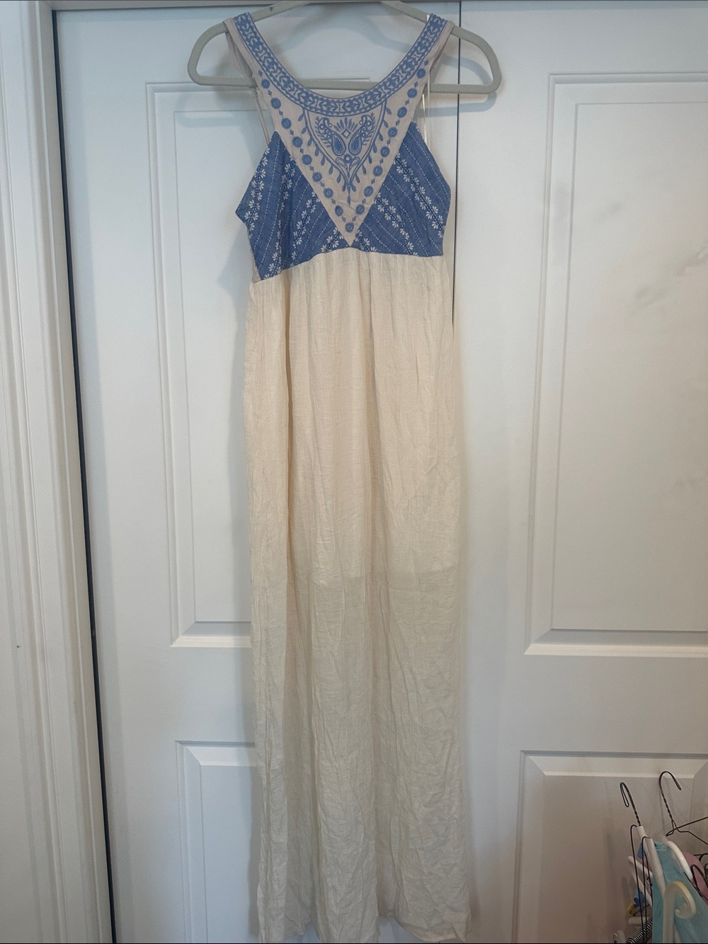Flying Tomato Cream Maxi Dress with Blue Embroidered Yoke